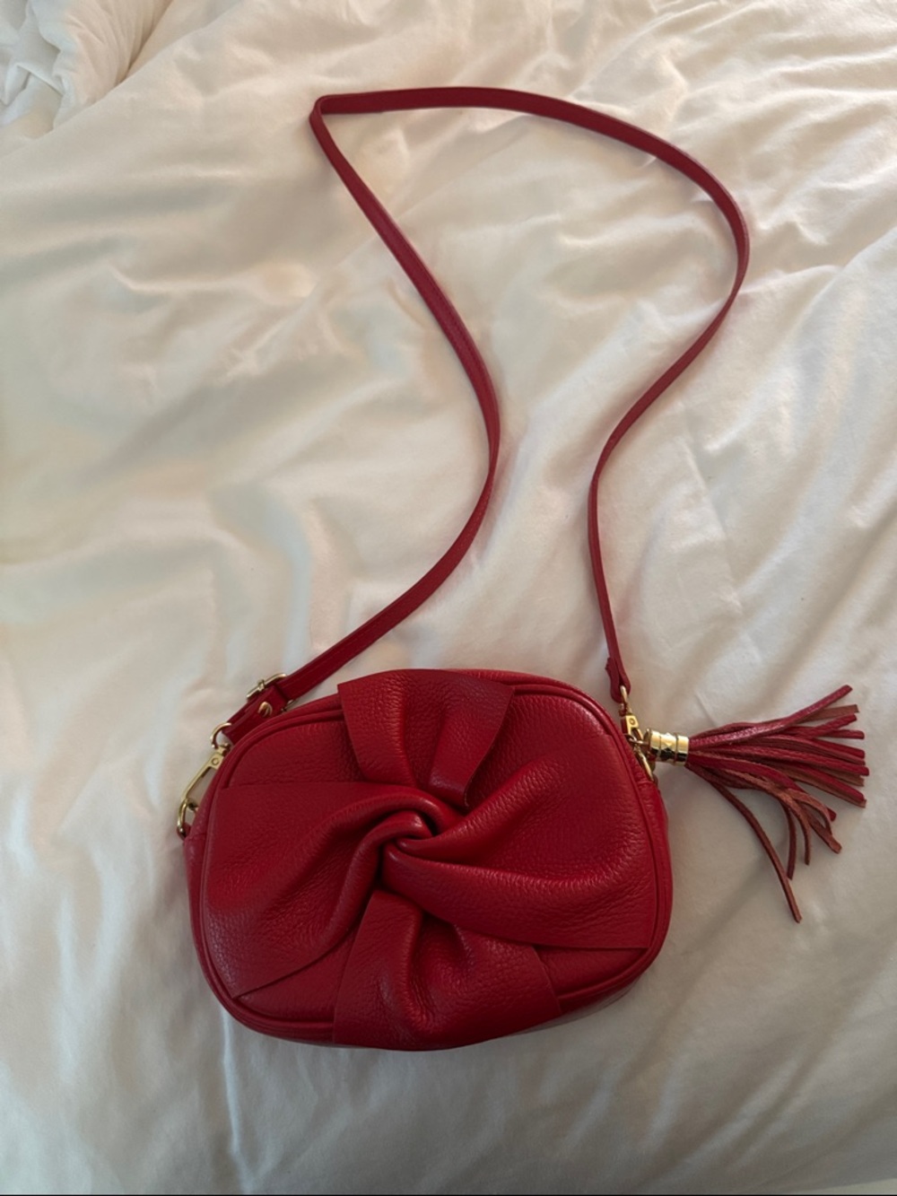 Red Twisted Knot Leather Crossbody Bag with Tassel